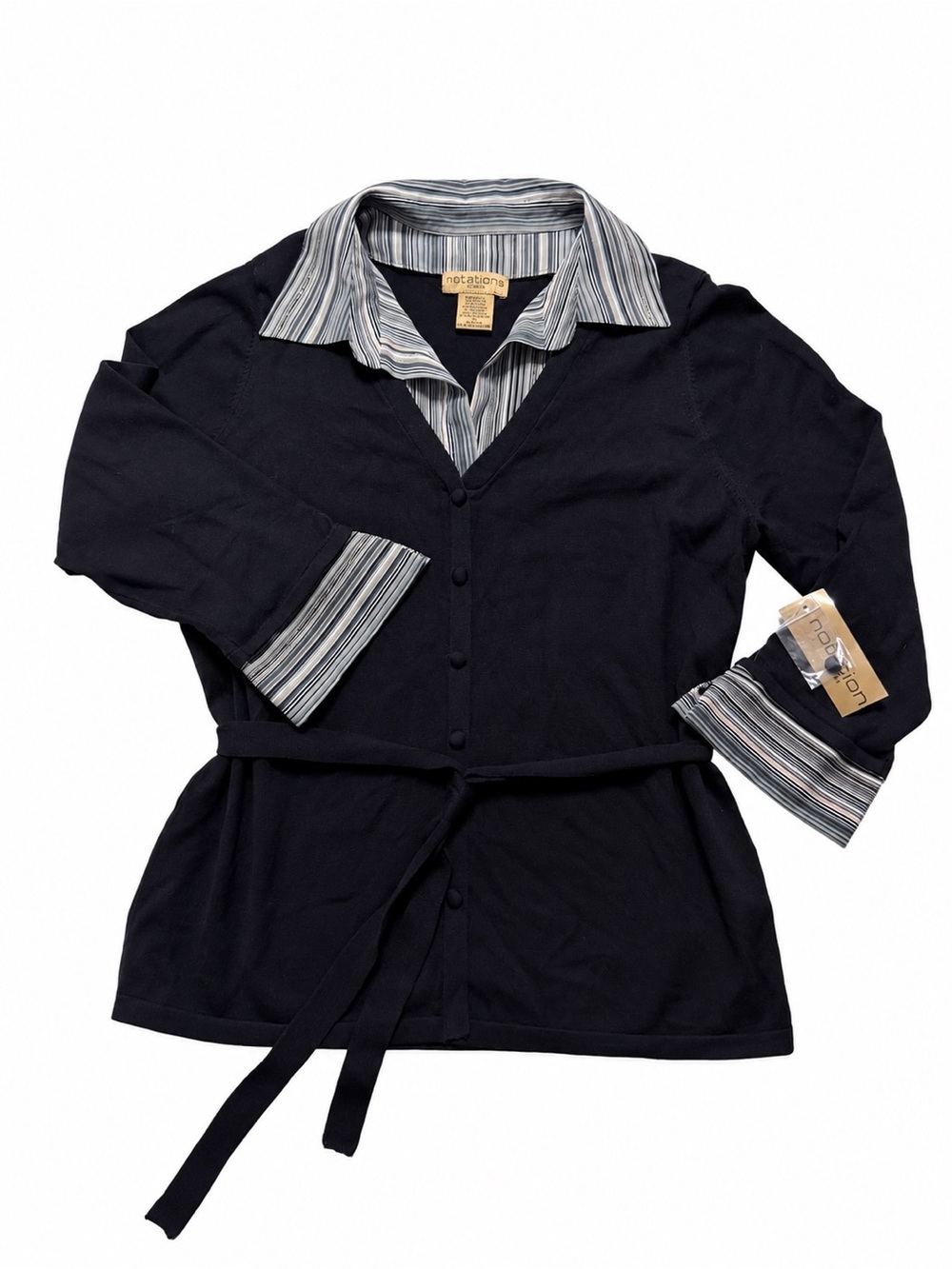 Y2K Early 2000s Notations 1X Black Belted Cardigan with Striped Collar and Cuffs